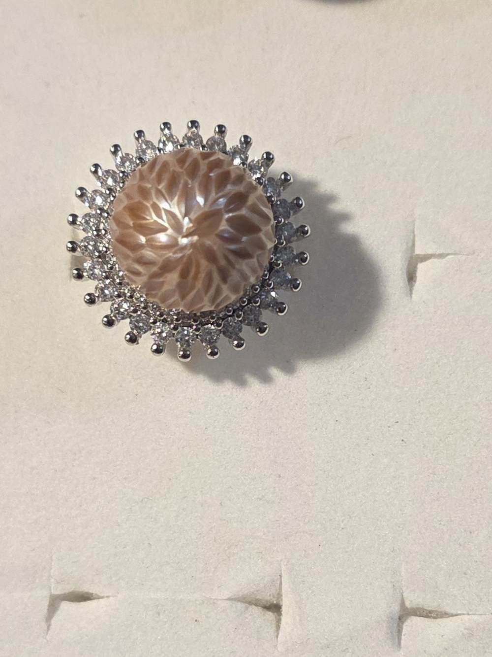 Silver Toned Copper Pearl Carved Halo Ring